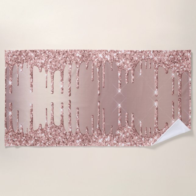 Rose Gold Blush Glitter Drips Beach Towel (Front)