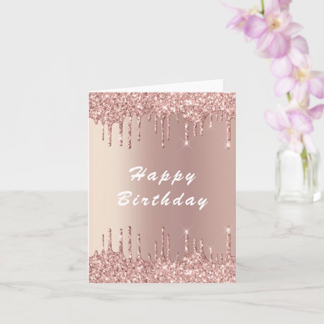 Rose Gold Blush Glitter Drips Birthday Card (Orchid)