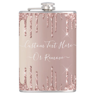 Rose Gold Blush Glitter Drips Flask Custom Text 