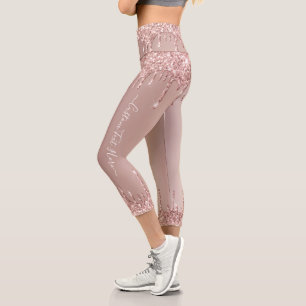 Rose Gold Blush Glitter Drips Leggings + Text/Name
