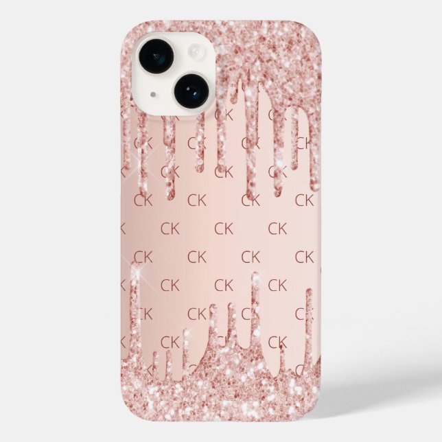 Rose gold blush glitter drips monogram initials Case-Mate iPhone case (Back)