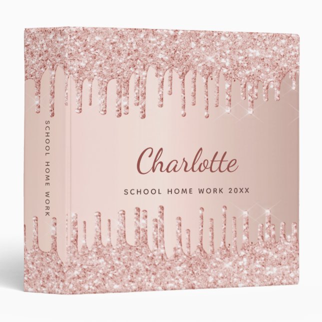 Rose gold blush glitter drips monogram name binder (Front/Spine)