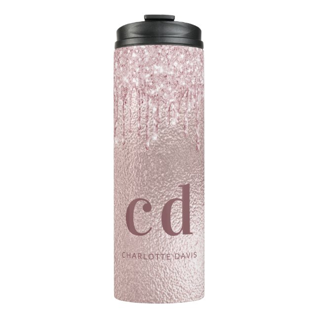Rose gold blush glitter drips monogram name  thermal tumbler (Front)