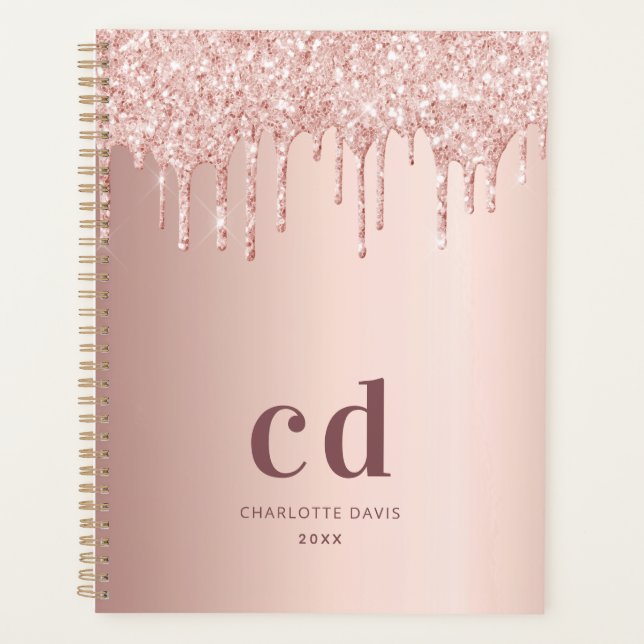 Rose gold blush glitter drips monogram planner (Front)