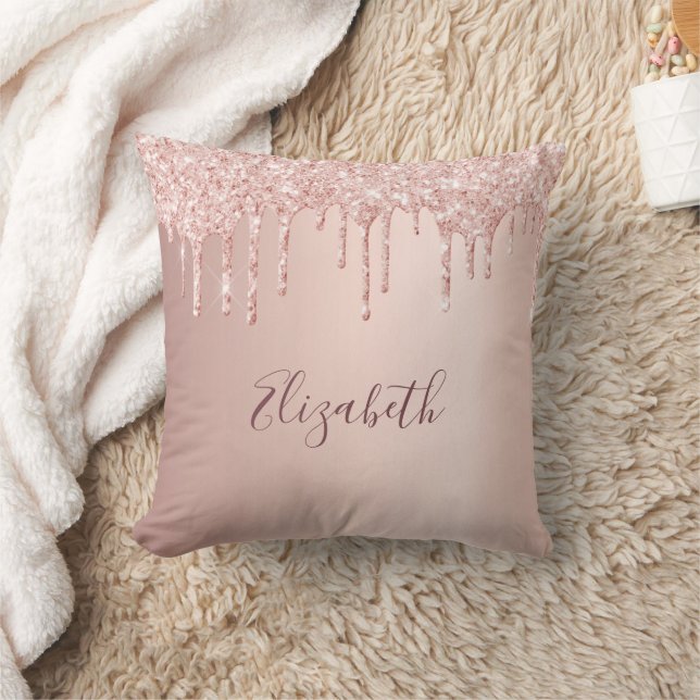 Rose gold blush glitter drips name throw pillow (Blanket)
