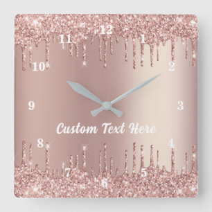 Rose Gold Blush Glitter Drips Text Name Wall Clock