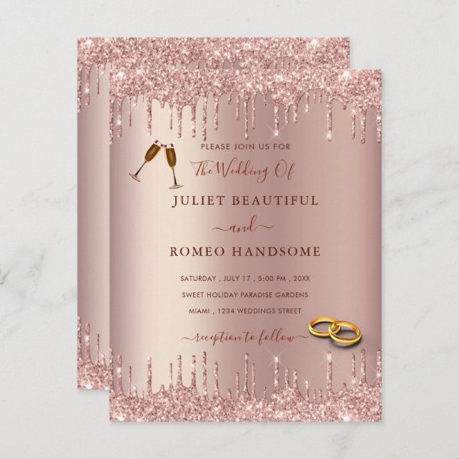 Rose Gold Blush Glitter Drips Wedding Invitation (Front/Back)