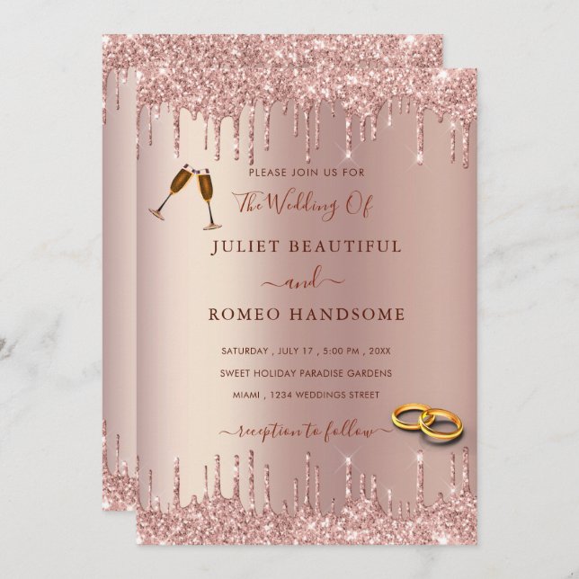 Rose Gold Blush Glitter Drips Wedding Invitation (Front/Back)