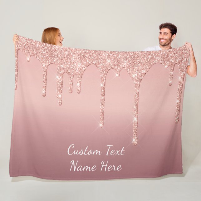 Rose Gold Blush Glitter Fleece Blanket Custom Text (In Situ)