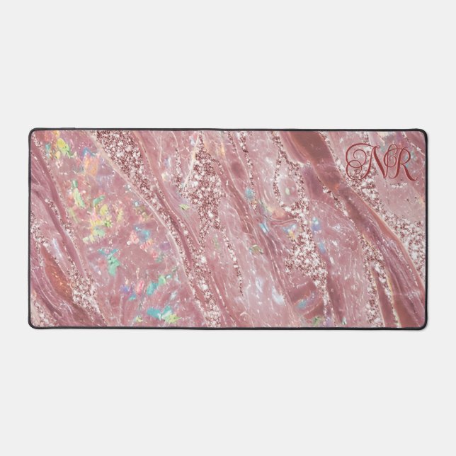 Rose Gold & Blush Glitter Holographic Opal Marble Desk Mat (Front)