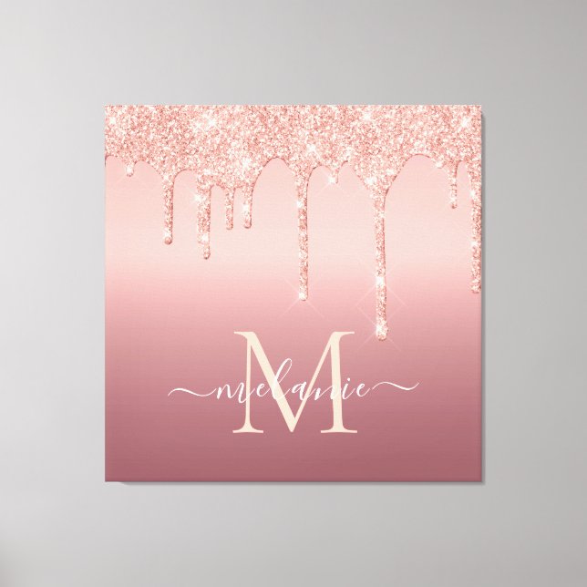 Rose Gold Blush Glitter Monogram Name Canvas Print (Front)