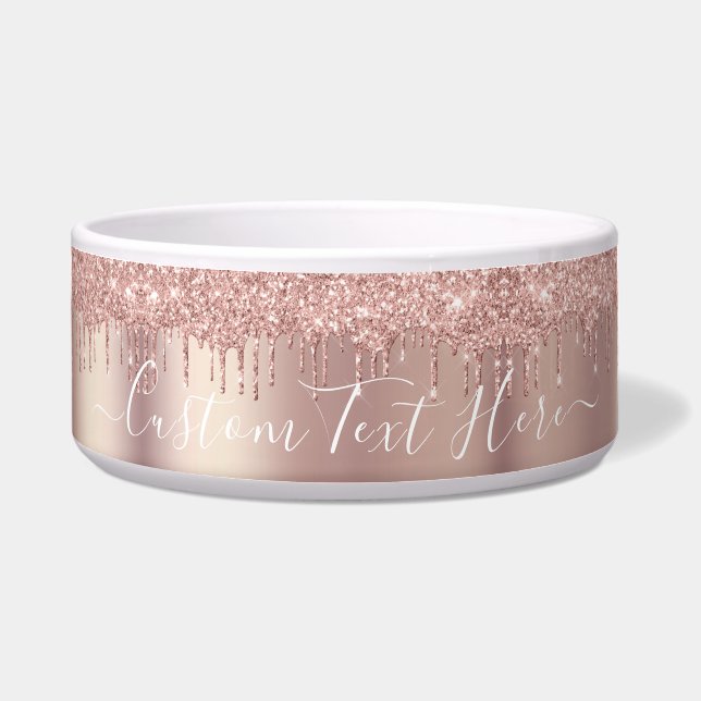 Rose Gold Blush Glitter Pet Bowl with Custom Text (Front)