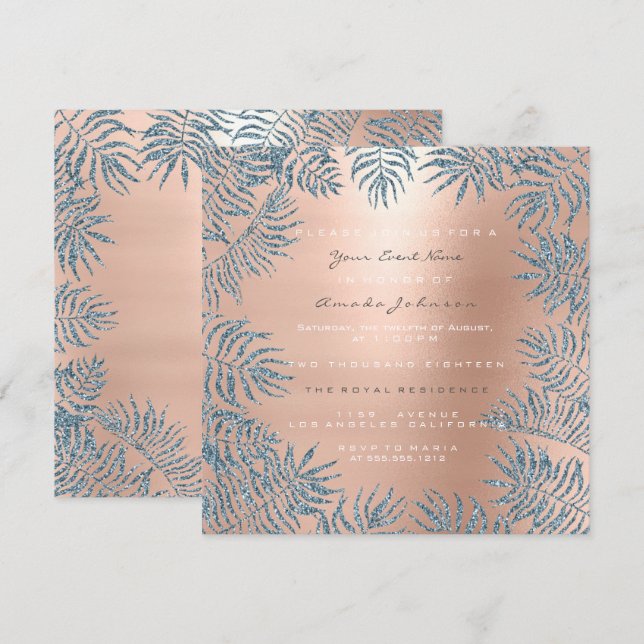Rose Gold Blush Glitter Powder Floral Blue Pink Invitation (Front/Back)