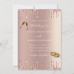 Rose Gold Blush Glitter Rings Wedding Invitation