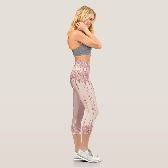 Rose Gold Blush Glitter Sparkle Drips Custom Text  Capri Leggings (Right)