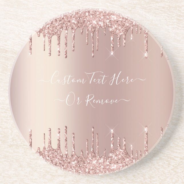 Rose Gold Blush Glitter Sparkle Drips Custom Text  Coaster (Front)