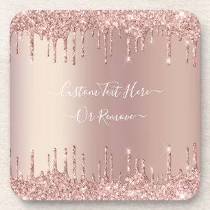 Rose Gold Blush Glitter Sparkle Drips Custom Text  Coaster