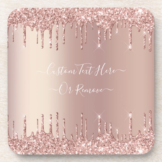 Rose Gold Blush Glitter Sparkle Drips Custom Text  Coaster (Front)