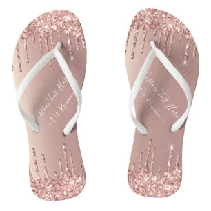 Rose Gold Blush Glitter Sparkle Drips Custom Text  Flip Flops