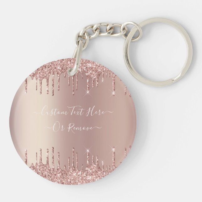 Rose Gold Blush Glitter Sparkle Drips Custom Text  Keychain (Back)