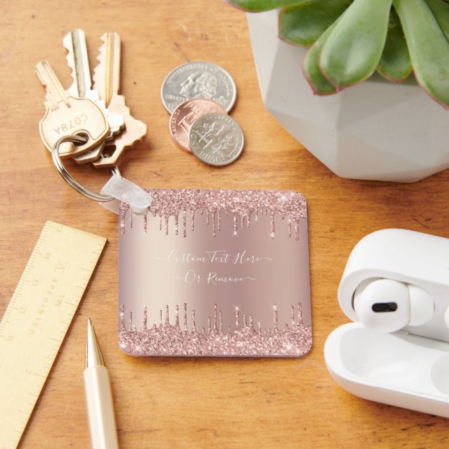 Rose Gold Blush Glitter Sparkle Drips Custom Text  Keychain (Desk)