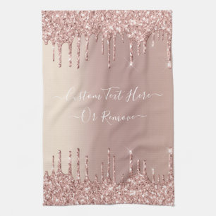 Rose Gold Blush Glitter Sparkle Drips Custom Text  Kitchen Towel