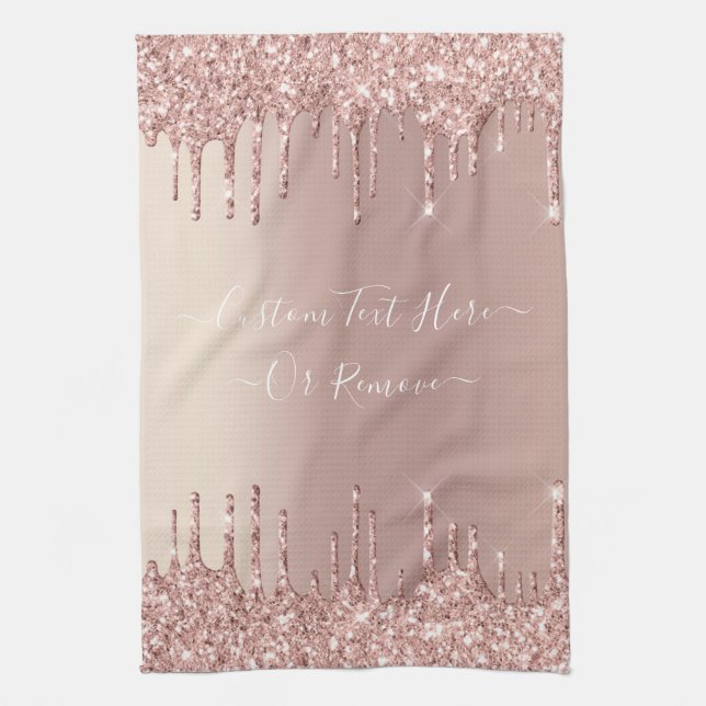 Rose Gold Blush Glitter Sparkle Drips Custom Text  Kitchen Towel (Vertical)