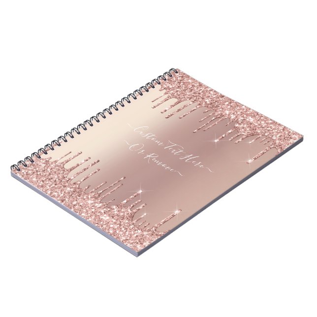 Rose Gold Blush Glitter Sparkle Drips Custom Text  Notebook (Left Side)