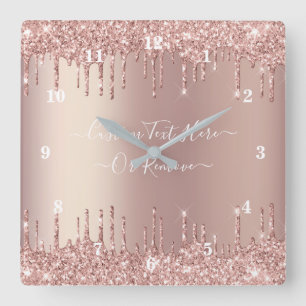 Rose Gold Blush Glitter Sparkle Drips Custom Text  Square Wall Clock