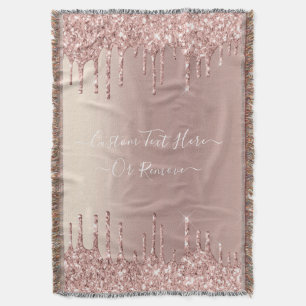 Rose Gold Blush Glitter Sparkle Drips Custom Text  Throw Blanket