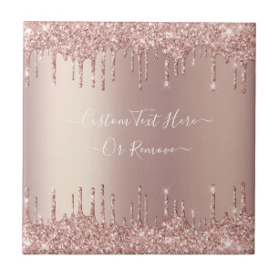 Rose Gold Blush Glitter Sparkle Drips Custom Text Tile