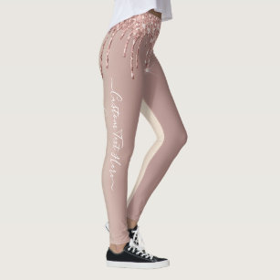 Rose Gold Blush Glitter Sparkle Drips Girly - Text Leggings