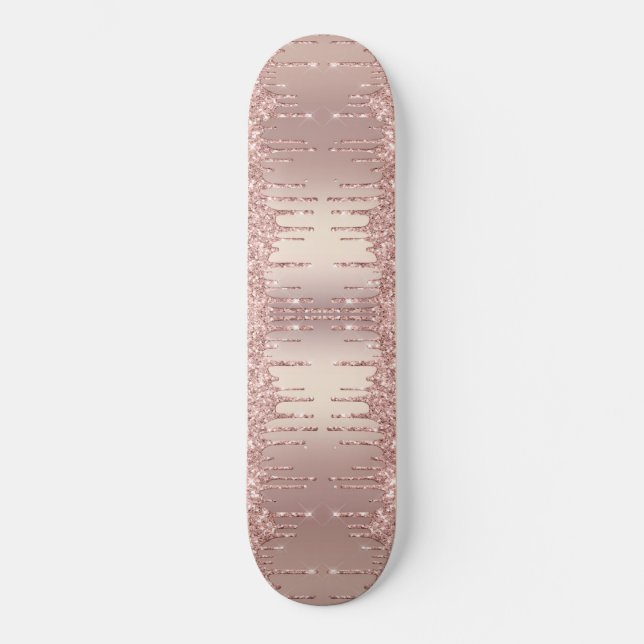 Rose Gold Blush Glitter Sparkle Drips Skateboard (Front)