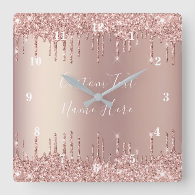 Rose Gold Blush Glitter Sparkle Drips Text Clock (Front)