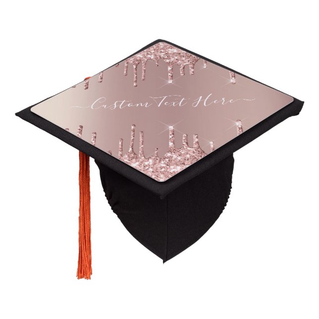 Rose Gold Blush Glitter Sparkle Drips - Text /Name Graduation Cap Topper (Angled)