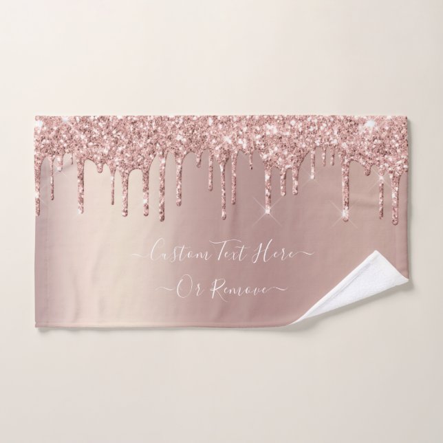 Rose Gold Blush Glitter Sparkle Drips - Your Text Bath Towel Set (Hand Towel)