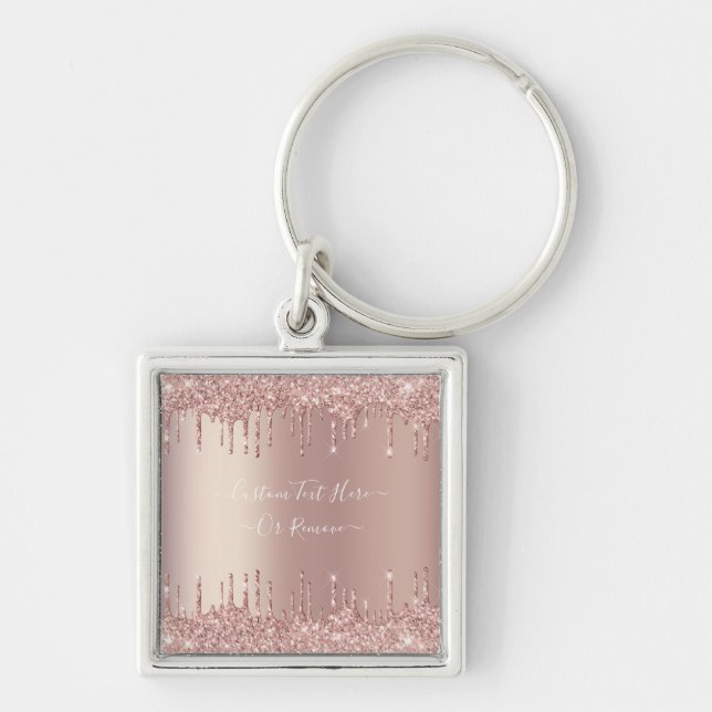 Rose Gold Blush Glitter Sparkle Drips - Your Text Keychain (Front)