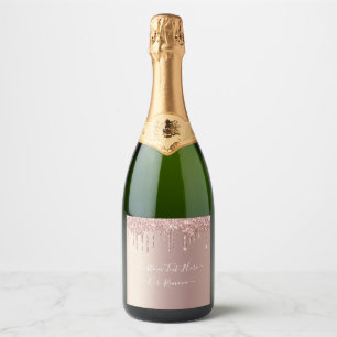 Rose Gold Blush Glitter Sparkle Drips - Your Text Sparkling Wine Label