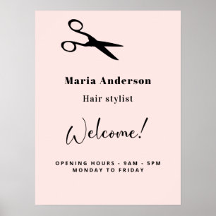Rose gold blush hair stylist opening hours welcome poster
