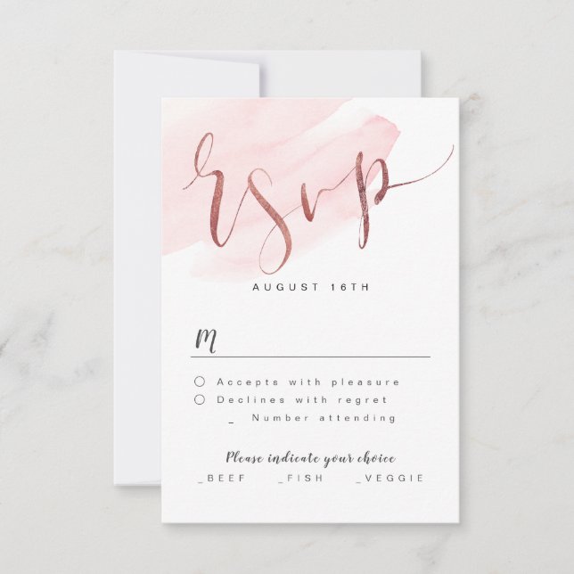 Rose Gold Blush Modern Simple Script wedding RSVP (Front)