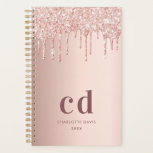 Rose gold blush monogram glitter drips planner
