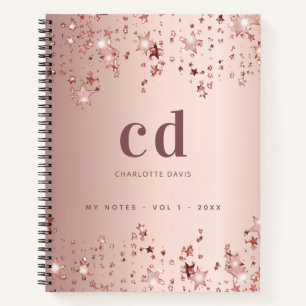 Rose gold blush monogram initials stars notebook