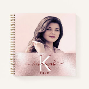 Rose gold blush monogram name photo notebook