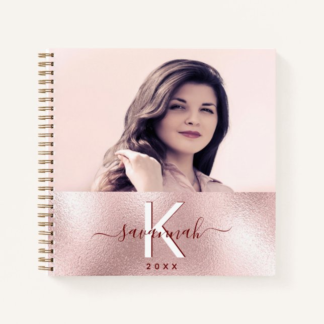 Rose gold blush monogram name photo notebook (Front)