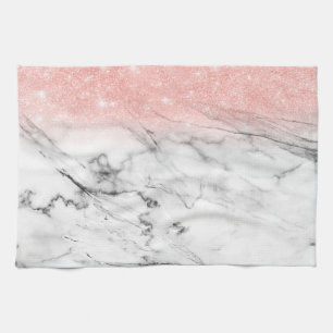 Rose Gold Blush Ombre Glitter on Trendy Marble Kitchen Towel