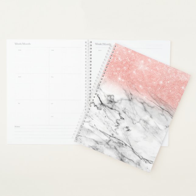 Rose Gold Blush Ombre Glitter on Trendy Marble Planner (Display)