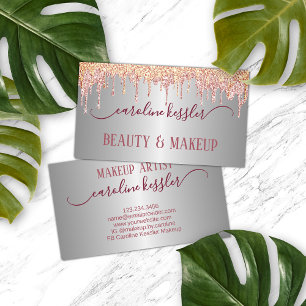 Rose Gold Blush Peach Pink Sparkles Drip Silver Business Card