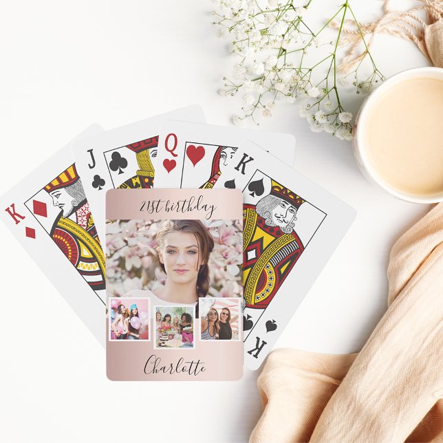 Rose gold blush photo collage name birthday party playing cards (Creator Uploaded)