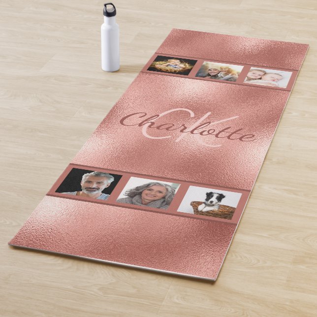 Rose gold blush photo collage name yoga mat (In Situ)