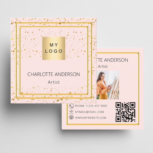 Rose gold blush photo logo QR code Square Business Card (Creator Uploaded)